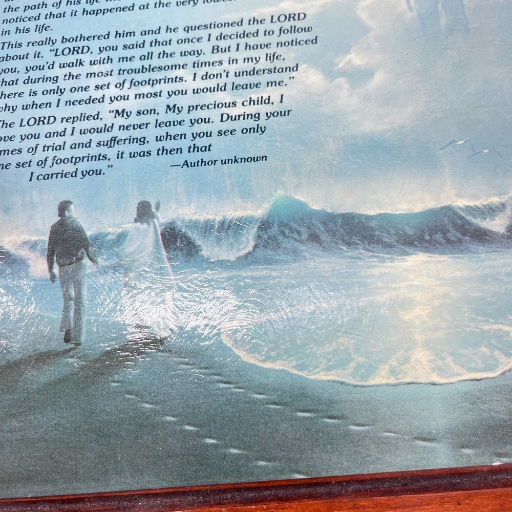 Vintage Dicksons Footprints in the Sand Wood Wall Plaque Poem Oil Painting Look - Picture 11 of 11